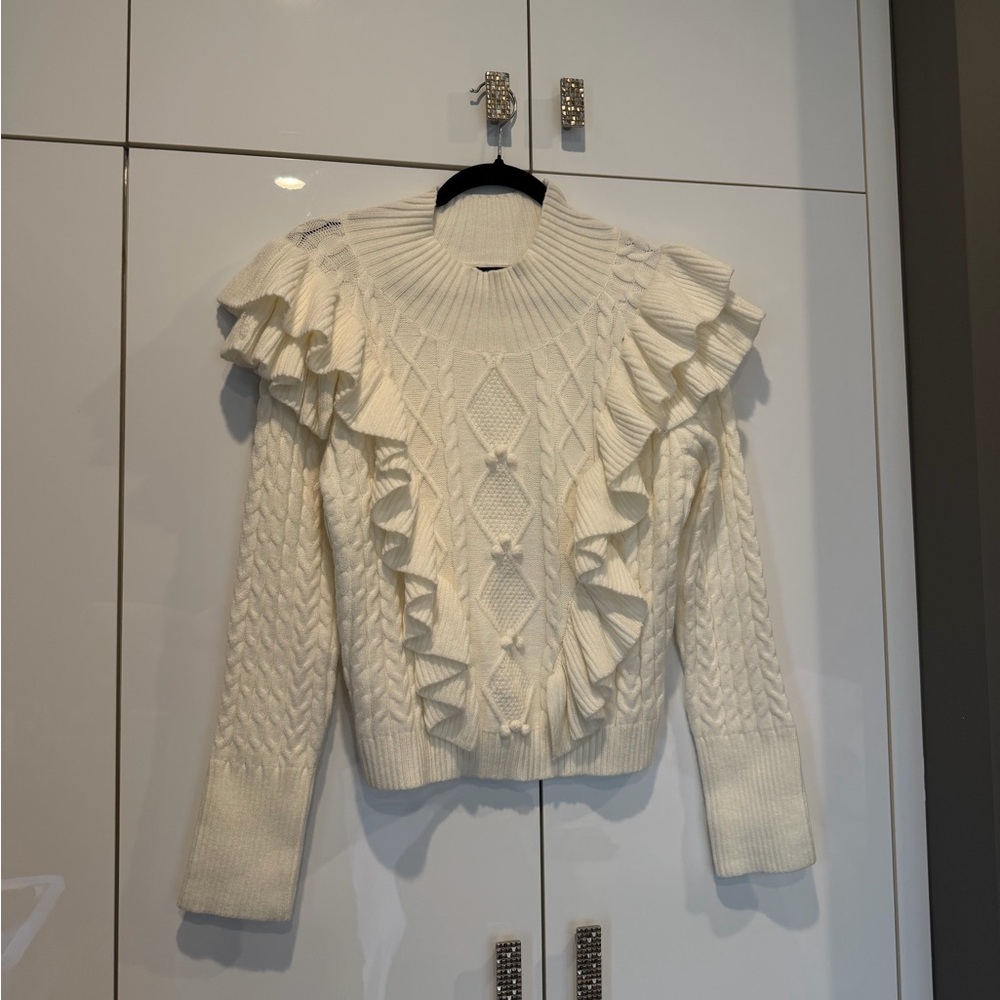 SHEIN Cream Ruffled Cable Knit Sweater